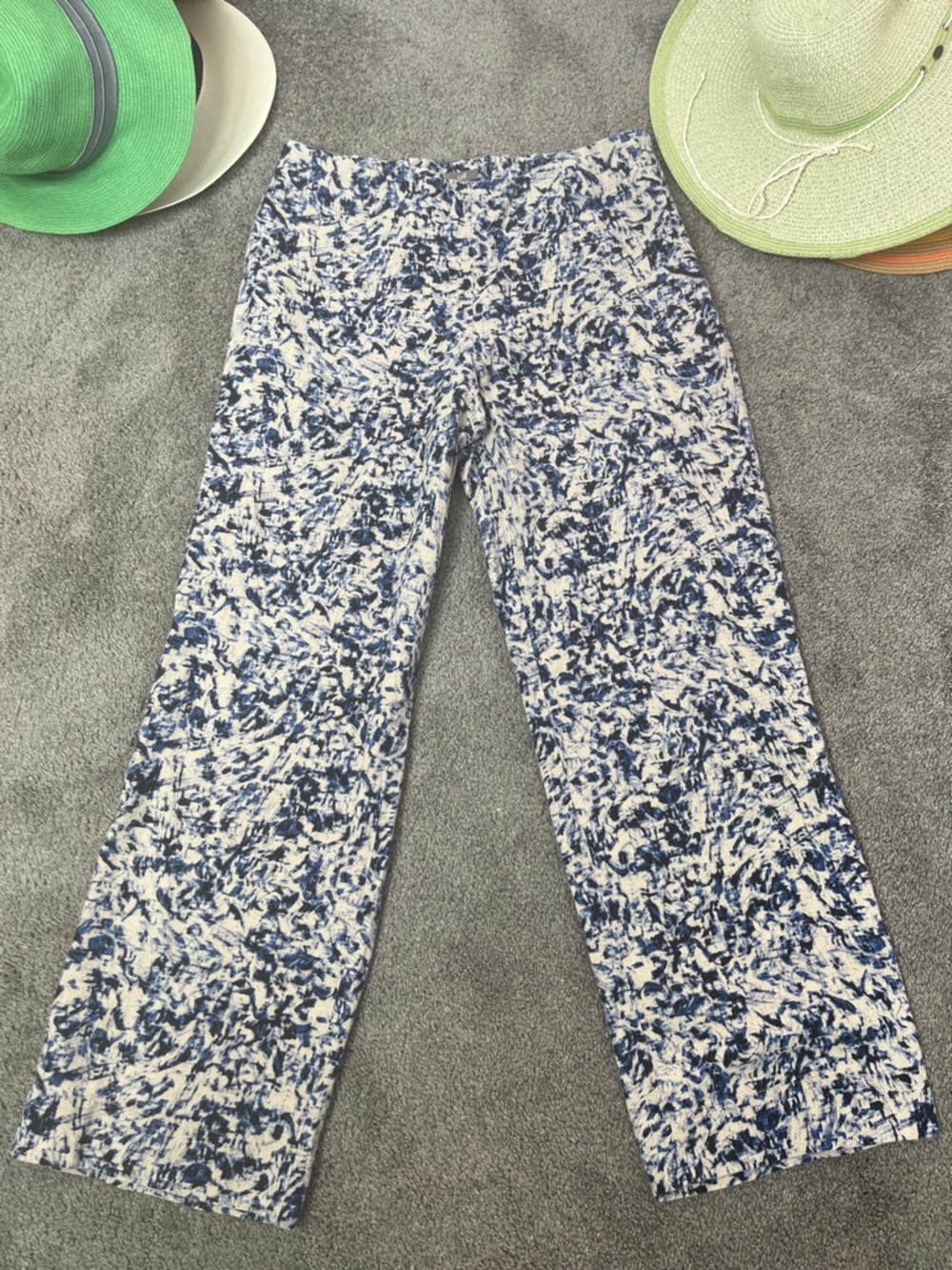 J. Jill Linen Blend Side Zip Pants Cream and Blue Abstract Print Cropped Size 10